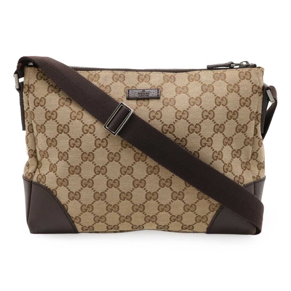 Gucci GG Canvas Messenger Crossbody Leather Beige Brown Cream